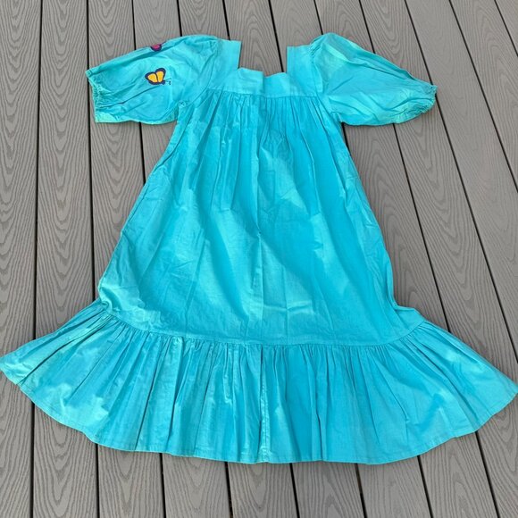 Vintage 70s Ramona Rull Dress, Cat Graphic Flowers MuMu One Size Blue - Picture 8 of 10